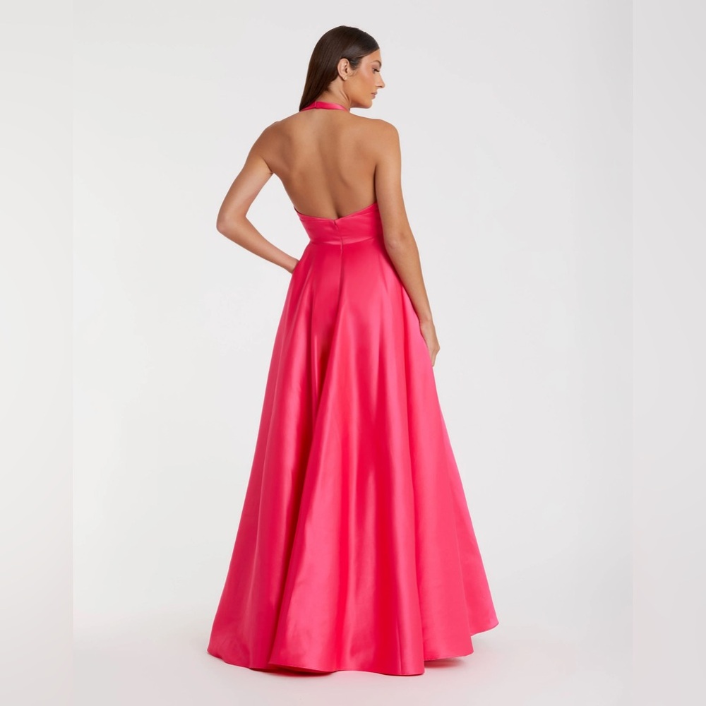 Mac Duggal Hot Pink Satin Plunge-Neck Maxi Gown with Bow - Picture 2 of 12